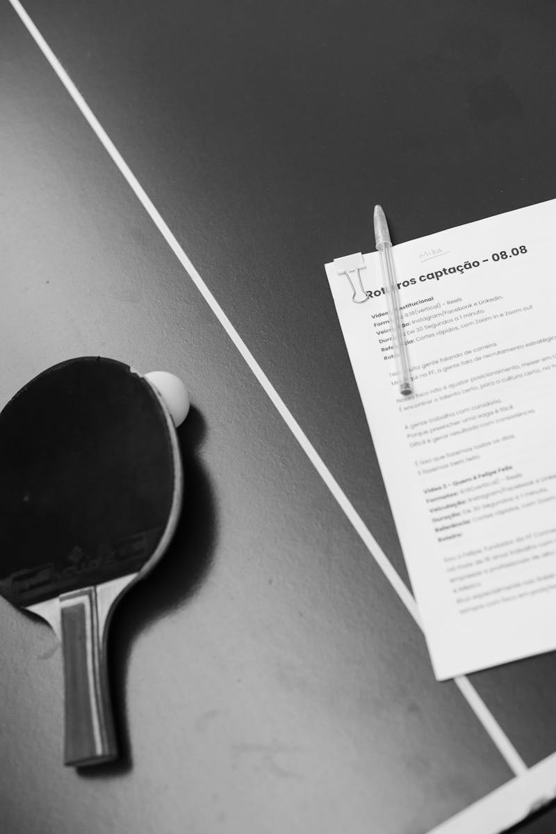 Black and white photo of a table tennis racket and a document on a table, featuring copyspace.